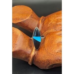 Vintage Zuni onyx & turquoise inlay sterling ring‎